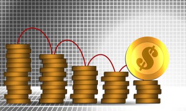 Altın madeni para yığını, bozuk para yığınından aşağı. 3d oluşturma