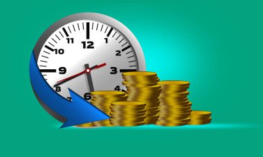 Saat ve para, iş konsepti, 3D çizim