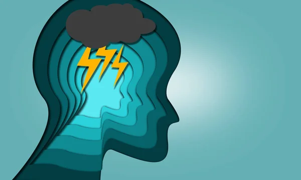 Paper cut layered human head with cloud and lightning, 3d rendering