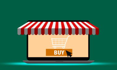 İnternetten bilgisayar alıp alış verişi. Market konsepti. 3d oluşturma