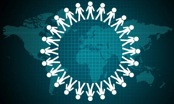 Gente Forma Círculo Con Mapa Del Mundo Como Fondo Representación —  Fotos de Stock