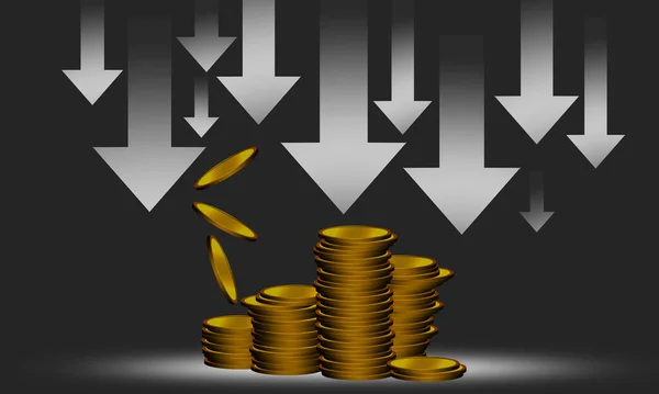 Rezession Mit Pfeil Und Stapel Goldmünzen Rendering — Stockfoto