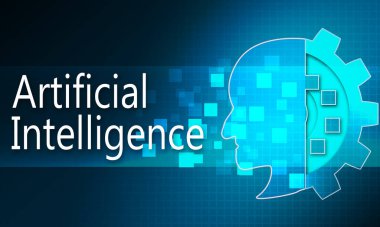 Mavi dijital kafa profili ve dişli çarklı yapay zeka, 3D görüntüleme.