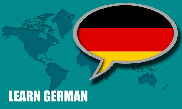 Learn German language speak bubble on red backround, 3d rendering