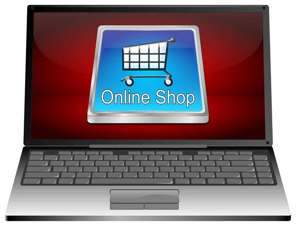 Computer portatile con pulsante negozio online - Illustrazione 3D — Foto Stock
