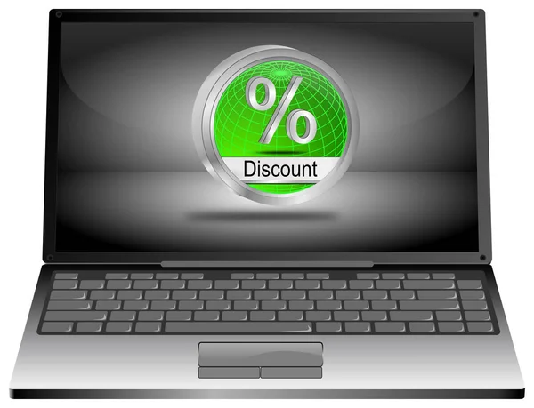 Laptop Computer with Discount button - 3D illustration — Stock Photo, Image