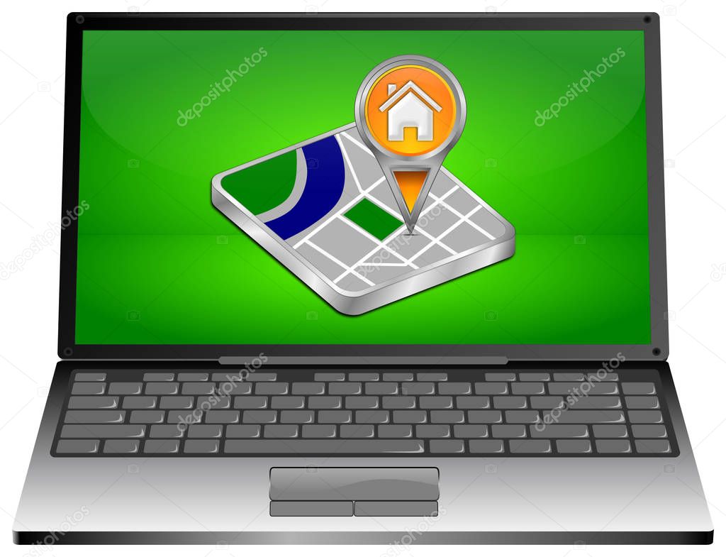 Laptop Computer with orange Home map pointer - 3D illustration