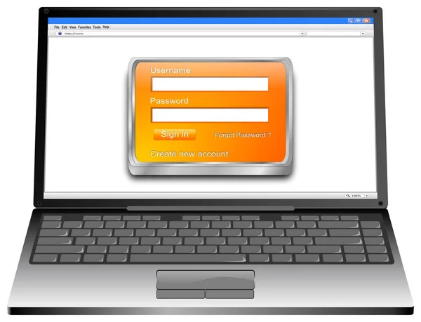 Ноутбук Компьютер Оранжевым Экраном Входа Белый Рабочий Стол Иллюстрация — стоковое фото