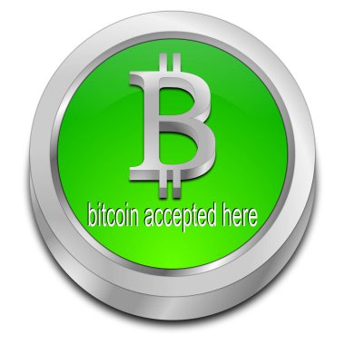 parlak yeşil Bitcoin burada düğme - 3d çizim kabul