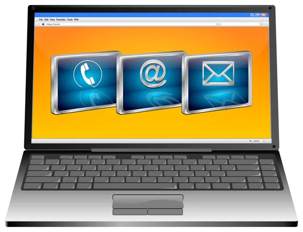 Laptop Con Blu Contattaci Pulsanti Sul Desktop Arancione Illustrazione — Foto Stock
