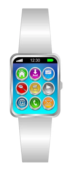 Mavi Ekran Çizim Üzerinde Farklı Fonksiyon Butonları Ile Beyaz Smartwatch — Stok fotoğraf