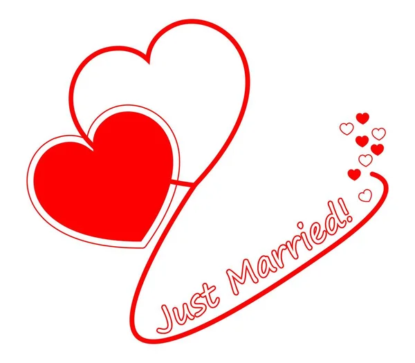 Just Married Красная Свадебная Открытка Сердцами Иллюстрация — стоковое фото
