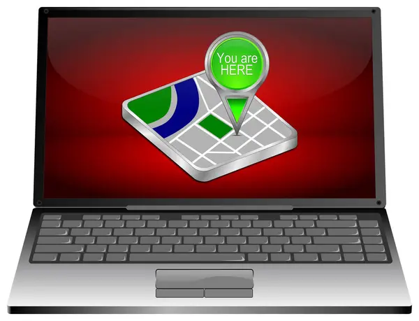 Laptopcomputer Met Groen Bent Hier Kaart Aanwijzer Rode Desktop Illustratie — Stockfoto