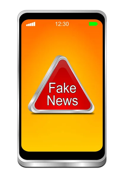 Smartphone Met Rood Fake News Waarschuwingsbord Oranje Bureaublad Illustratie — Stockfoto