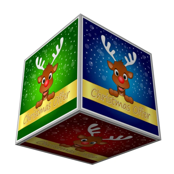 Färgglada Jul Erbjudande Kub Med Ren Illustration — Stockfoto