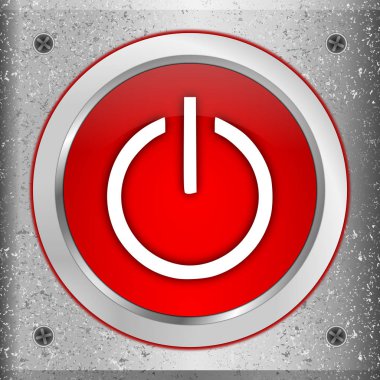 Metal bir plaka üzerinde kırmızı Güç Düğmesi - 3 boyutlu illüstrasyon