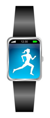 siyah Smartwatch ve bayan koşucu mavi ekranda - 3D illüstrasyon