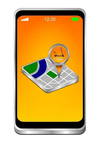 Smartphone Con Puntero Mapa Con Scooter Pantalla Naranja Ilustración —  Fotos de Stock