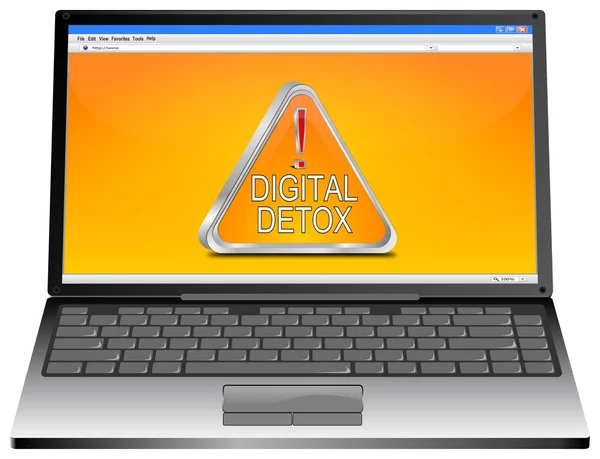 オレンジのデスクトップ上のデジタルデトックスボタンとノートパソコン 3Dイラスト — ストック写真
