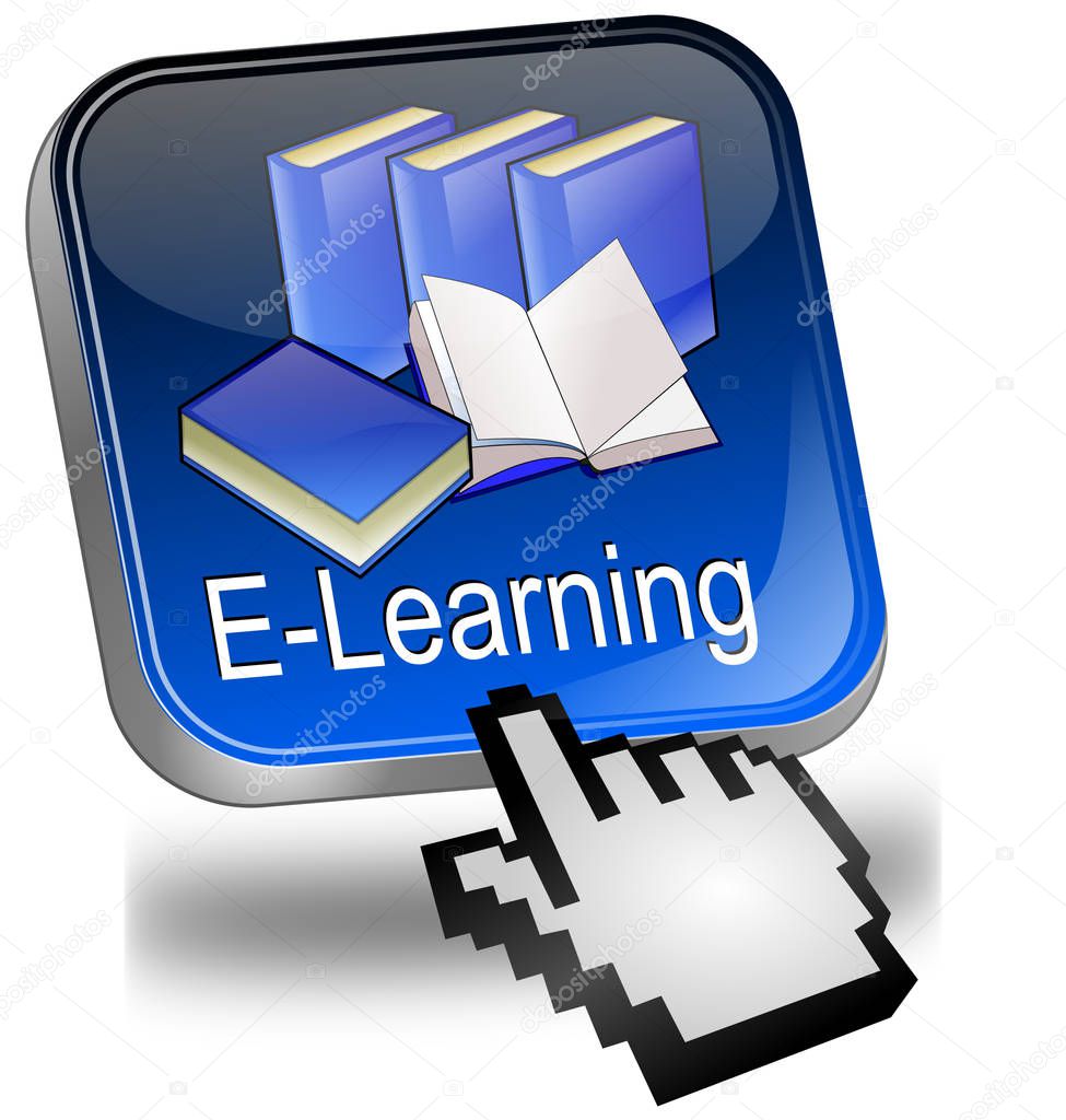 blue E-Learning Button with cursor - 3D illustration