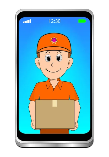 Smartphone with friendly Courier delivering a parcel on blue display - 3D illustration