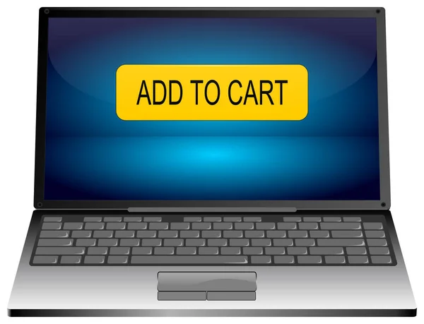Laptop computer with orange Add to cart button on blue desktop - 3D illustration