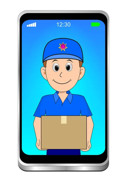 Smartphone Friendly Courier Delivering Parcel Blue Display Illustration — Stock Photo, Image