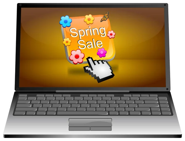 Laptop Computer with orange Spring Sale Button on orange desktop - 3D illustration