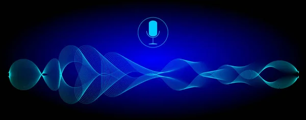 Voice Recognition with a microphone and glossy blue soundwaves - illustration