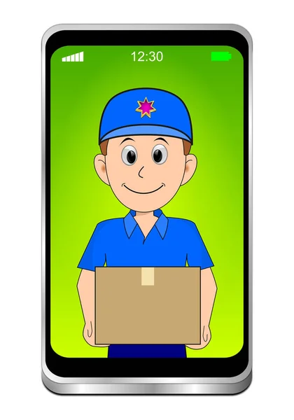 Smartphone Friendly Courier Delivering Parcel Green Display Illustration — Stock Photo, Image