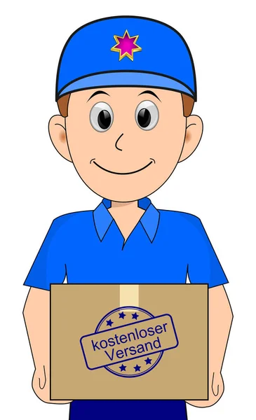 Friendly Courier Blue Shirt Delivering Parcel Free Delivery Rubber Stamp — Stock Photo, Image