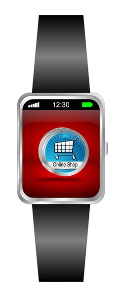 Kırmızı Ekranda Mavi Çevrimiçi Dükkan Düğmesi Olan Akıllı Telefon Illüstrasyon — Stok fotoğraf
