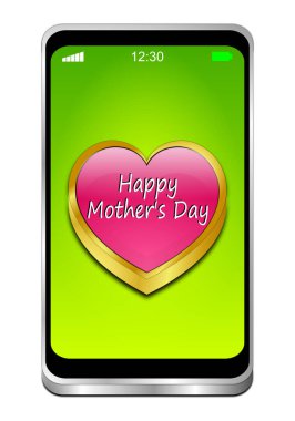 Yeşil ekranda pembe mutlu anneler günü kalbi olan akıllı telefon. 3 boyutlu illüstrasyon.