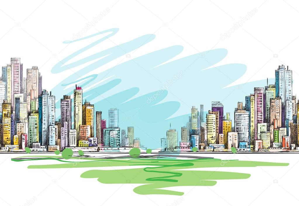 City skyline hand drawn, vector illustration