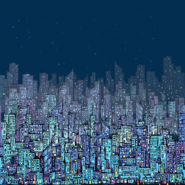 Ночной город. Ручной рисунок, векторная иллюстрация — стоковый вектор