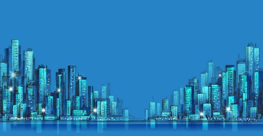 Şehir manzarası panorama adlı gece, elle çizilmiş cityscape, mimari çizim çizim vektör