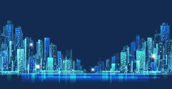 City skyline panorama bij nacht, hand getrokken stadsgezicht, vector tekening van het platform illustratie — Stockvector