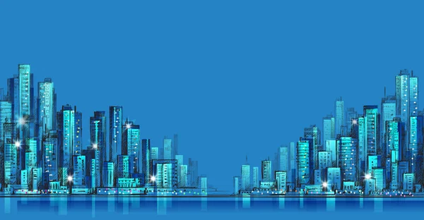 City skyline panorama bij nacht, hand getrokken stadsgezicht, vector tekening van het platform illustratie — Stockvector