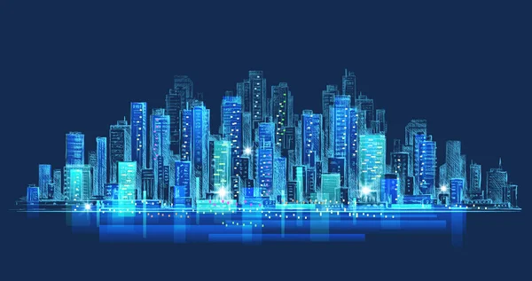 City skyline panoráma éjszaka, kézzel rajzolt városkép, vektoros illusztráció építészeti rajz — Stock Vector