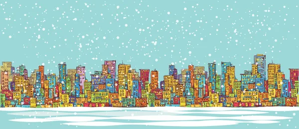 Ciudad horizonte panorama, nieve de invierno, paisaje urbano dibujado a mano, ilustración de arquitectura de dibujo vectorial — Vector de stock