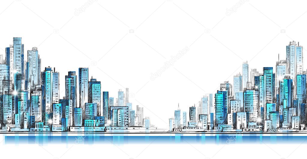 City skyline panorama, hand drawn cityscape, vector drawing architecture illustration