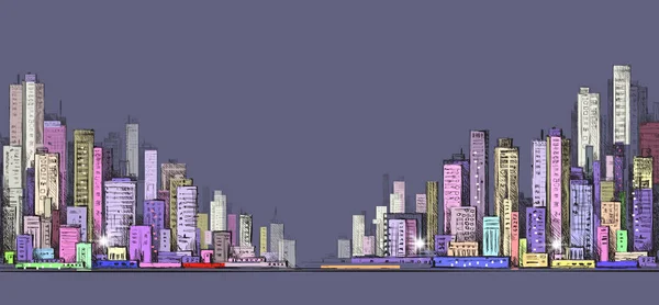 Stadtbild Nacht Hintergrund. handgezeichnete Vektor-Illustration — Stockvektor