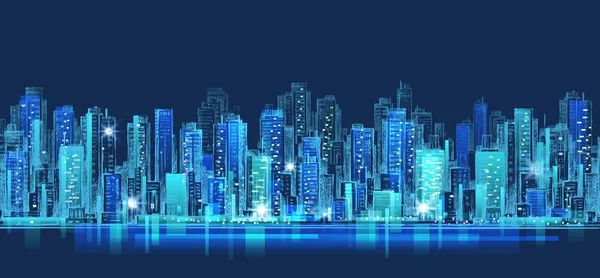 Abstract city scene on night time, cityscape vector design — Stock Vector
