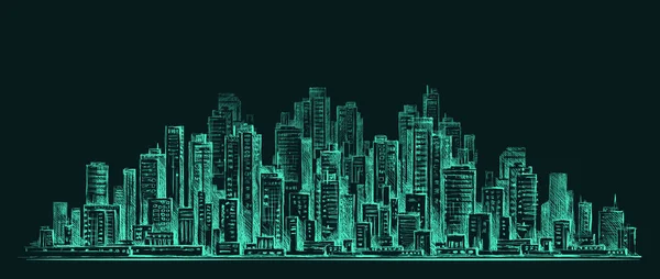 Ciudad horizonte panorama por la noche, paisaje urbano dibujado a mano, dibujo arquitectura ilustración — Vector de stock