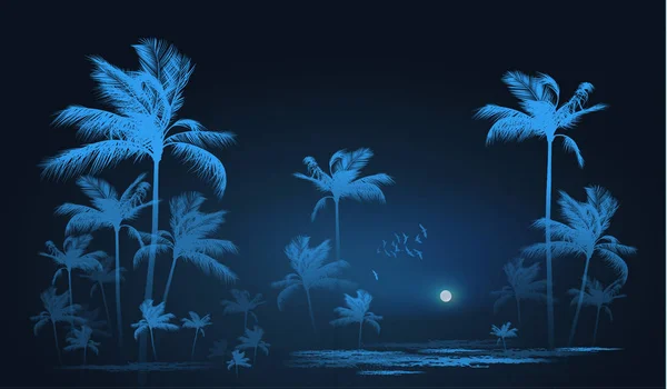 Tropical background with palm trees at nigh, vector illustration — Stock Vector