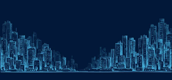 City skyline panoráma éjszaka, kézzel rajzolt városkép illusztráció építészeti rajz — Stock Vector