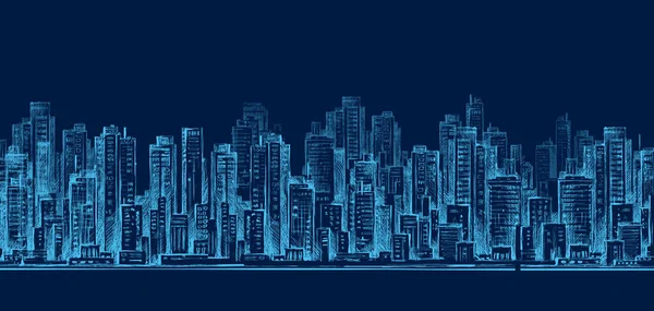 Panorama skyline della città di notte, paesaggio urbano disegnato a mano, illustrazione di architettura del disegno — Vettoriale Stock