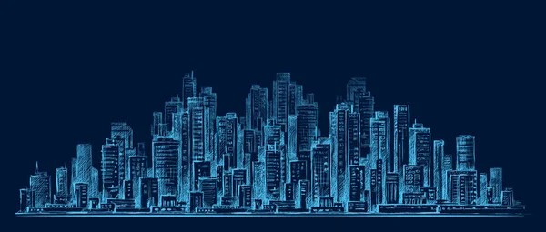 City skyline panorama's nachts, hand getekende stadsgezicht, tekening van het platform illustratie — Stockvector