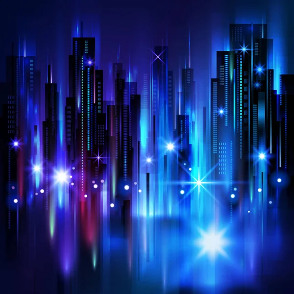 Iluminado horizonte de la ciudad nocturna, ilustración vectorial — Vector de stock
