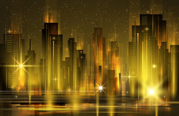Nacht van de verlichte skyline van de stad, vectorillustratie — Stockvector